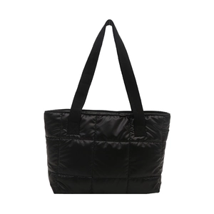 Fashionable black quilted tote bag for women with padded puffer design and large capacity