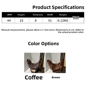 Size guide for large leopard print tote bag detailing dimensions and weight specifications