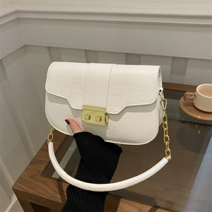 Elegant white crocodile texture square bag with gold metal clasp and chain strap