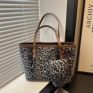 Women Leopard Print Tote Bag PU Leather Large Capacity Handbag And Small Purse Retro Fashion Shoulder Bag