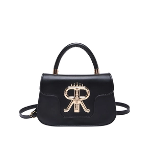 Schicke schwarze kleine quadratische Tasche mit Goldlogo, Tragegriff und Umhängegurt