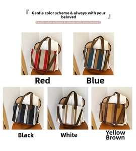 Assorted canvas striped tote bags in five colors with brown straps for daily use