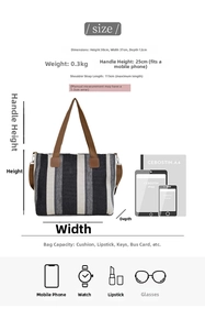Size chart showing large plaid tote bag dimensions 30x37x12cm and daily capacity
