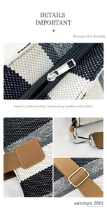 Detail of adjustable strap and metal hardware on large striped canvas tote bag