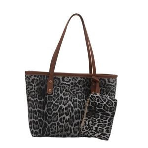 Large leopard print tote bag set with brown leather handles and small zipper pouch