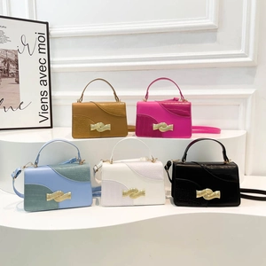 Set of five elegant square handbags in assorted colors with crocodile texture and gold buckle
