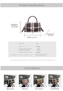 Detailed size chart and multi-color specifications for the plaid crossbody square bag