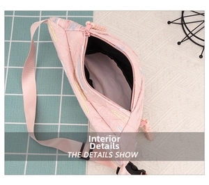 Pink sporty waist bag with wavy embroidery and detailed interior storage view