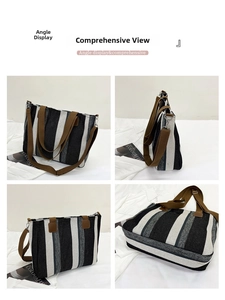 Detailed views showing vertical stripes, woven canvas texture, and handles of the tote bag