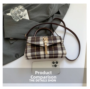 Close-up of vintage plaid handbag featuring gold SS buckle and chain tassel accents