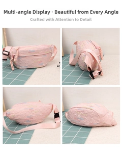 Detail shots of pink corduroy dumpling bag featuring colorful wavy embroidery patterns