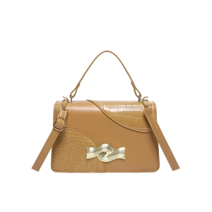 Minimalist square crossbody bag for women in tan crocodile pattern leather with gold buckle