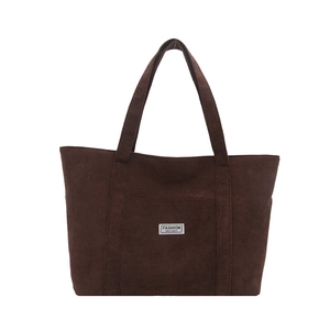 Large capacity dark brown corduroy tote bag for women featuring vertical stripe texture
