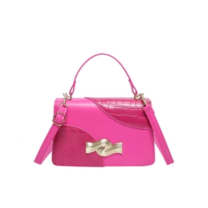 Hot pink patchwork crossbody bag with croc texture and golden wavy clasp