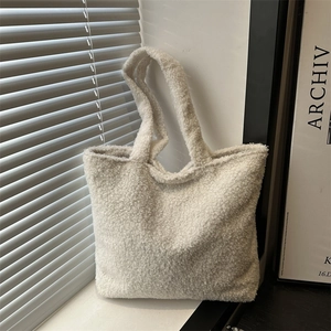Women Large Capacity Canvas Tote Bag Casual Autumn Winter Street Trend Sherpa Fleece Texture Shoulder Bag Handbag Daily Purse