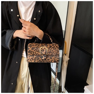 Close-up of leopard print crossbody bag with metallic gold buckle and textured leather