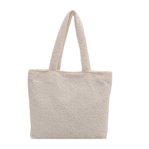 Large cream fuzzy plush tote bag made of faux fur fleece with double shoulder straps