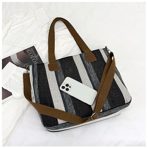 Detailed shot of striped canvas tote with smartphone inside showing large capacity