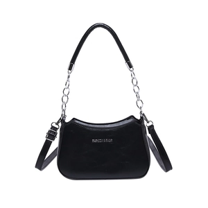 Black leather underarm bag with silver chain strap and metal logo on white background