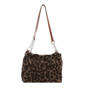 Plush leopard print tote bag with brown faux leather and silver metal chain strap
