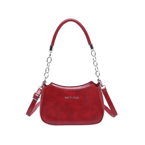Retro deep red crescent handbag in glossy oil wax leather with silver chain strap
