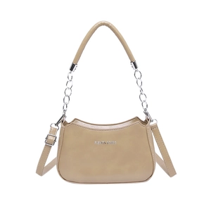Beige crescent shoulder bag with wavy top and silver chain strap details in sleek PU
