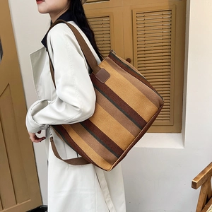Retro striped canvas tote bag with large capacity and woven shoulder straps for women