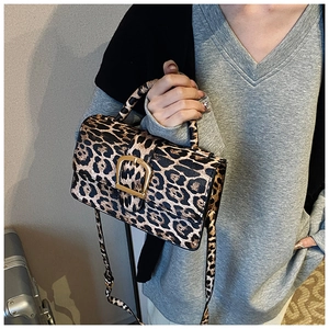 Close-up of leopard print crossbody bag with large golden horseshoe metal buckle