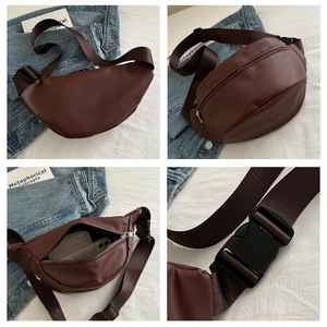 Detailed views of brown large capacity crossbody waist bag with wide strap and buckle