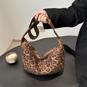 Retro leopard print canvas hobo bag with large capacity and crescent shape for women