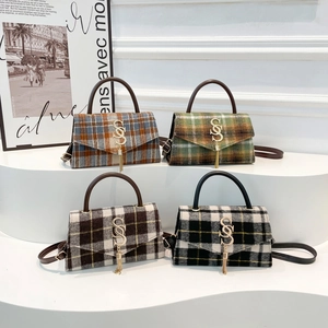 Women Retro Plaid Tweed Crossbody Bag Fashion Tassel S Logo PU Leather Square Handbag Color Block Shoulder Bag