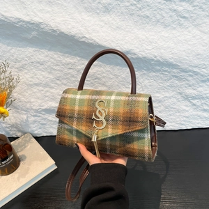 British retro plaid handbag with green and brown checkered fabric and tassel charm