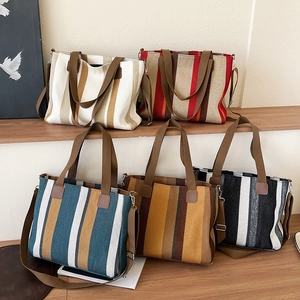 Striped Canvas Tote Bag Large Capacity Shoulder Handbag Zipper Closure Contrast Color Casual Daily Travel For Women