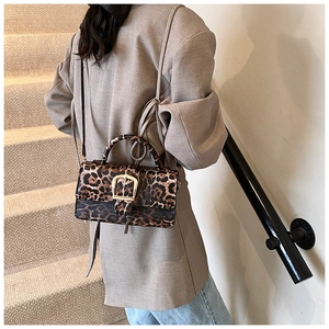 Detail of leopard print crossbody bag with gold buckle and detachable shoulder strap