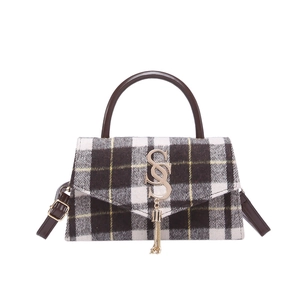 Classic checkered plaid handbag with gold S-logo fringe and brown leather handles