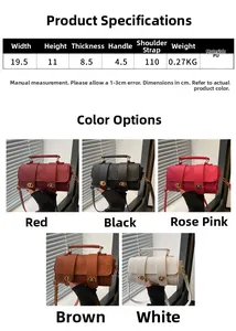 Detailed size chart for retro PU leather square bag showing dimensions and five color options