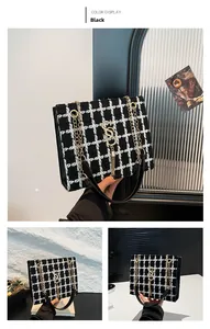 Detail shots of black and white tweed chain bag with gold metal logo and tassel