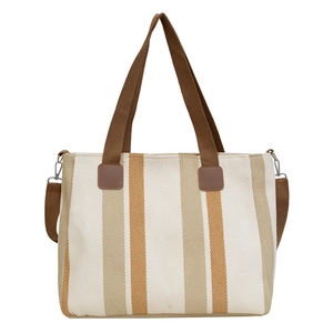 Minimalist striped canvas tote bag in beige and brown with adjustable shoulder strap