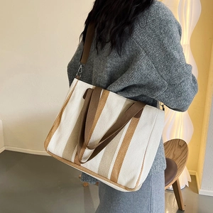 Japanese style striped canvas tote bag with brown straps and large capacity for women