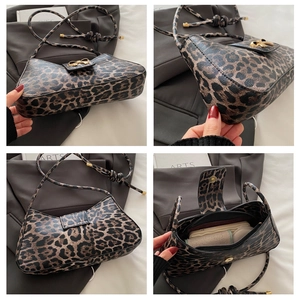 Detailed views of leopard print hobo bag with gold bow clasp and adjustable strap