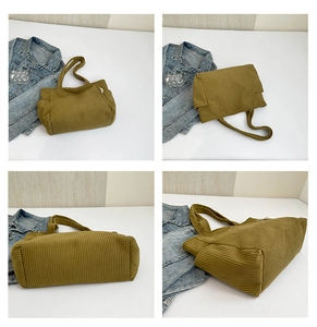 Multi-angle views of large corduroy tote bag showing side pocket and soft texture
