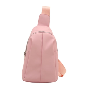 Pink minimalist nylon crossbody fanny pack with adjustable strap and silver zippers