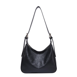 Black PU leather hobo shoulder bag with crescent shape and gold hardware accents