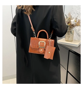 Détail du sac à main marron à motif crocodile avec mini pochette et garnitures dorées