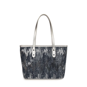 Blue canvas tote bag with sparkling silver sequins and metallic handles for daily commute