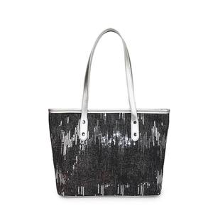 Black canvas tote bag with sparkling silver sequin stripes for stylish daily commuting