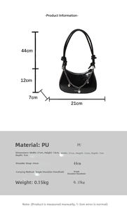 Detailed size chart for black crescent underarm bag with decorative pearl chain