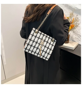 Detail of checkered shoulder bag with gold chain strap and tassel on a model
