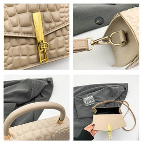 Detail shots of beige crocodile pattern handbag featuring gold lock and metal hardware