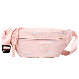 Pink corduroy dumpling bag with M embossing and colorful wavy embroidery for women